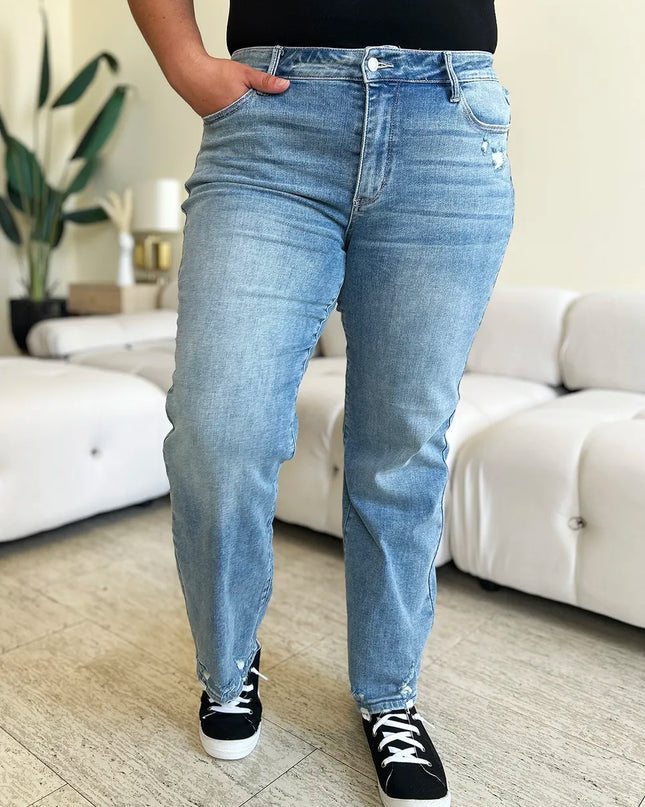 Judy Blue Full Size Mid Rise Distressed Straight Jeans