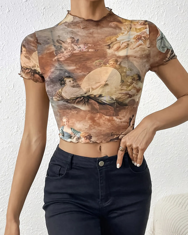 Abstract Print Ruffled Mock Neck Crop T-Shirt