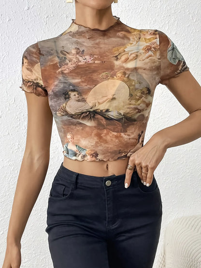 Abstract Print Ruffled Mock Neck Crop T-Shirt
