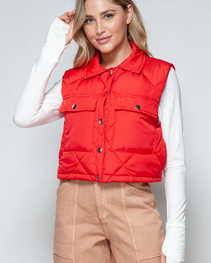 Snobbish Snap Down Quilted Crop Vest Red