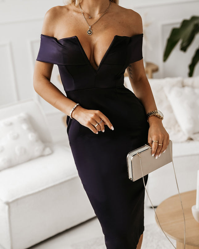 Off-Shoulder Zip-Back Slit Dress 