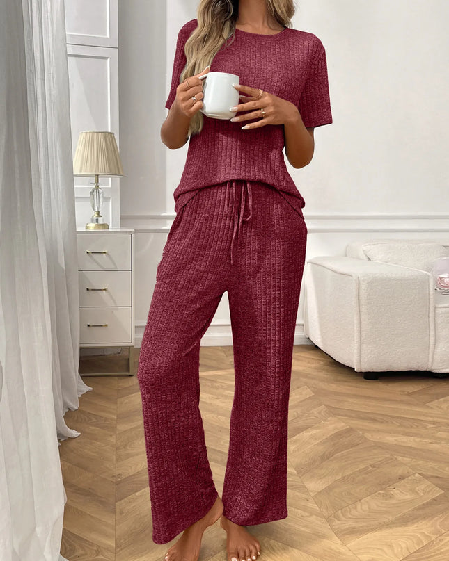 Ribbed Knit Short Sleeve Top and Pants Lounge Set Wine Red