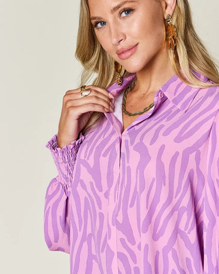 Double Take Full Size Printed Smocked Long Sleeve Blouse Plus Size