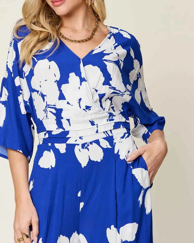 Double Take Full Size Printed Tie Back Wide Leg Jumpsuit