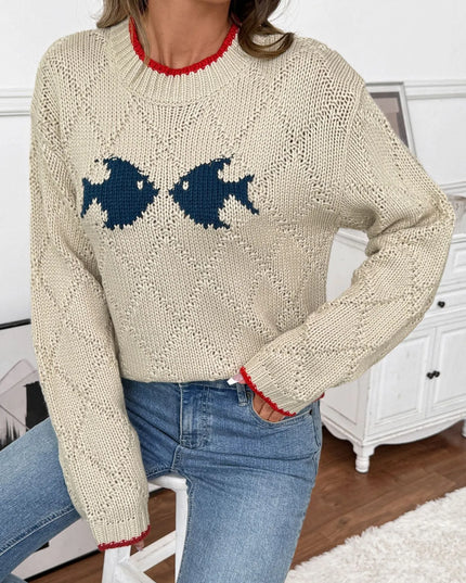 Fish Pattern Round Neck Sweater