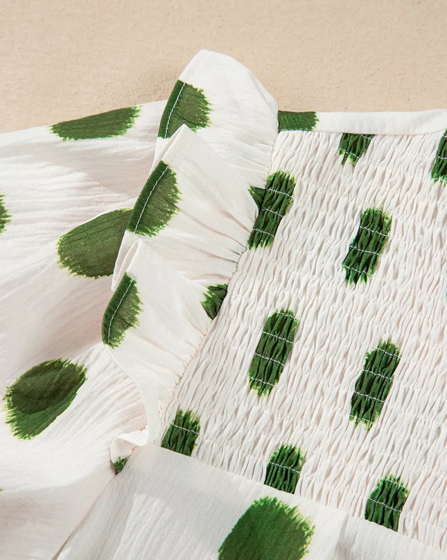 Polka Dot Shirred Yoke Notched Neck Puff Sleeve Blouse