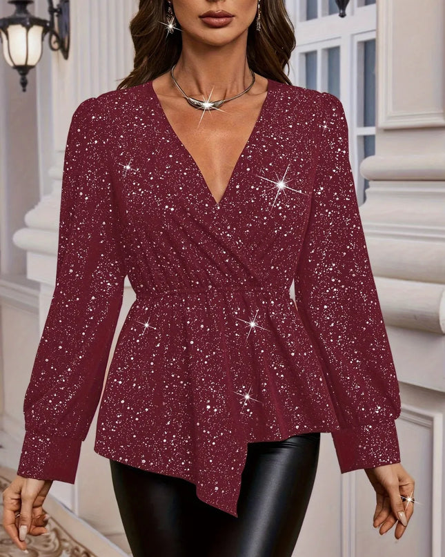 Asymmetrical Hem Surplice Long Sleeve Blouse
