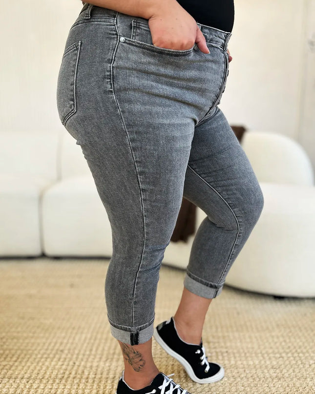 Judy Blue Full Size Button Fly High Waist Cuffed Capris