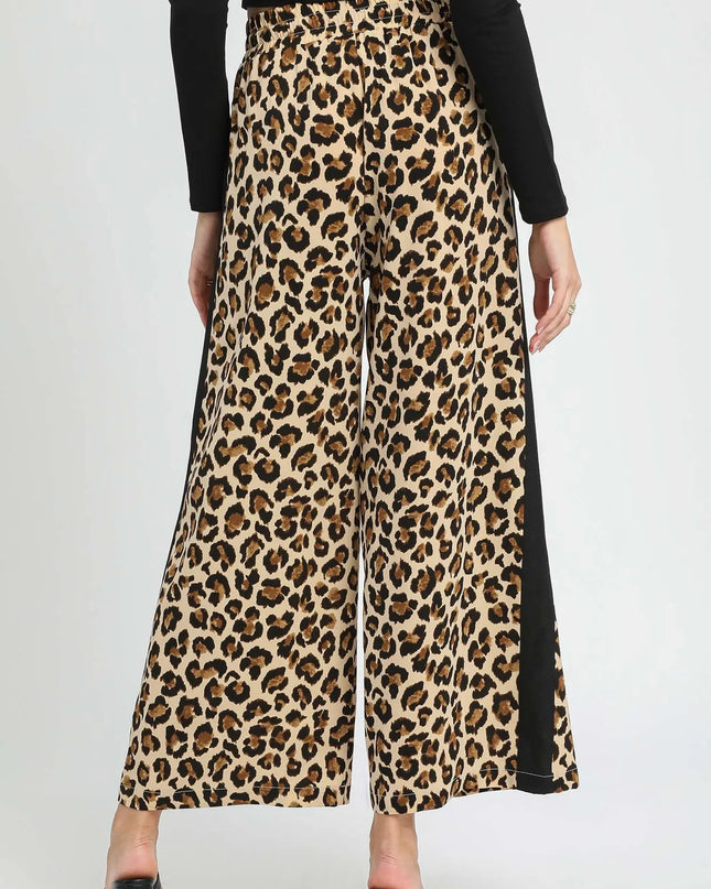Umgee Leopard Print Wide-Leg Drawstring Pants