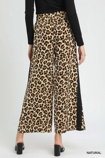 Umgee Leopard Print Wide-Leg Drawstring Pants