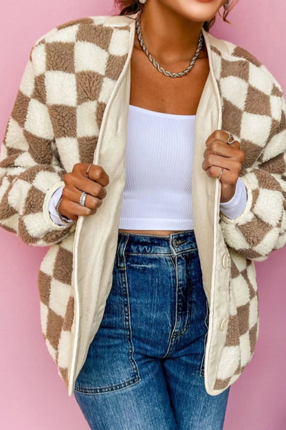Checkered Sherpa Oversized Button Up Jacket Plaid