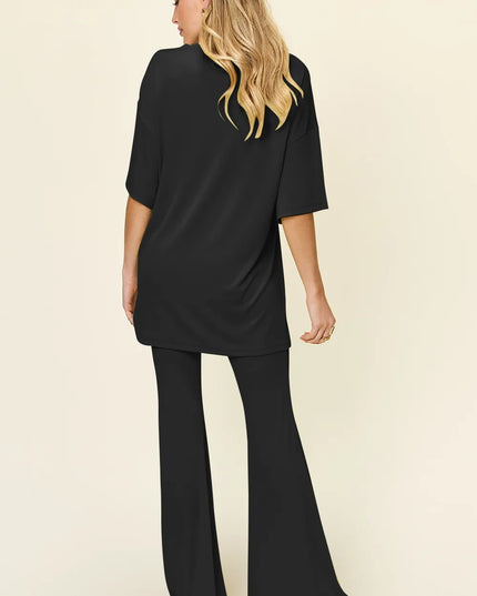 Double Take Full Size Round Neck Drop Shoulder T-Shirt and Flare Pants Set