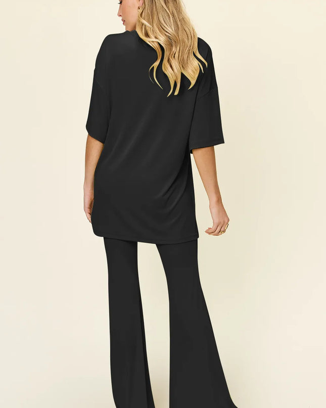 Double Take Full Size Round Neck Drop Shoulder T-Shirt and Flare Pants Set