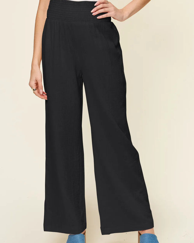 Double Take Full Size Texture Smocked Waist Wide Leg Pants Black
