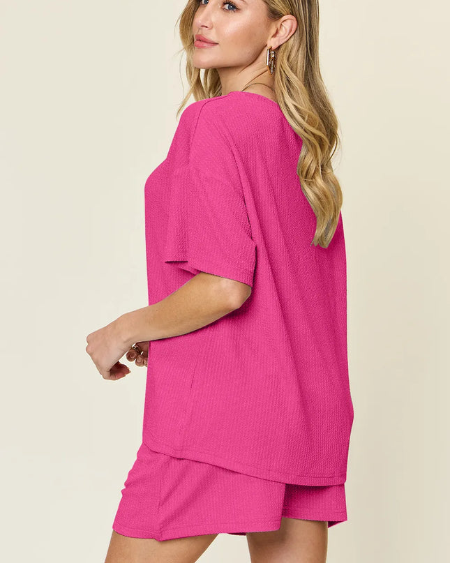 Double Take Basic style Round Neck Solid Set