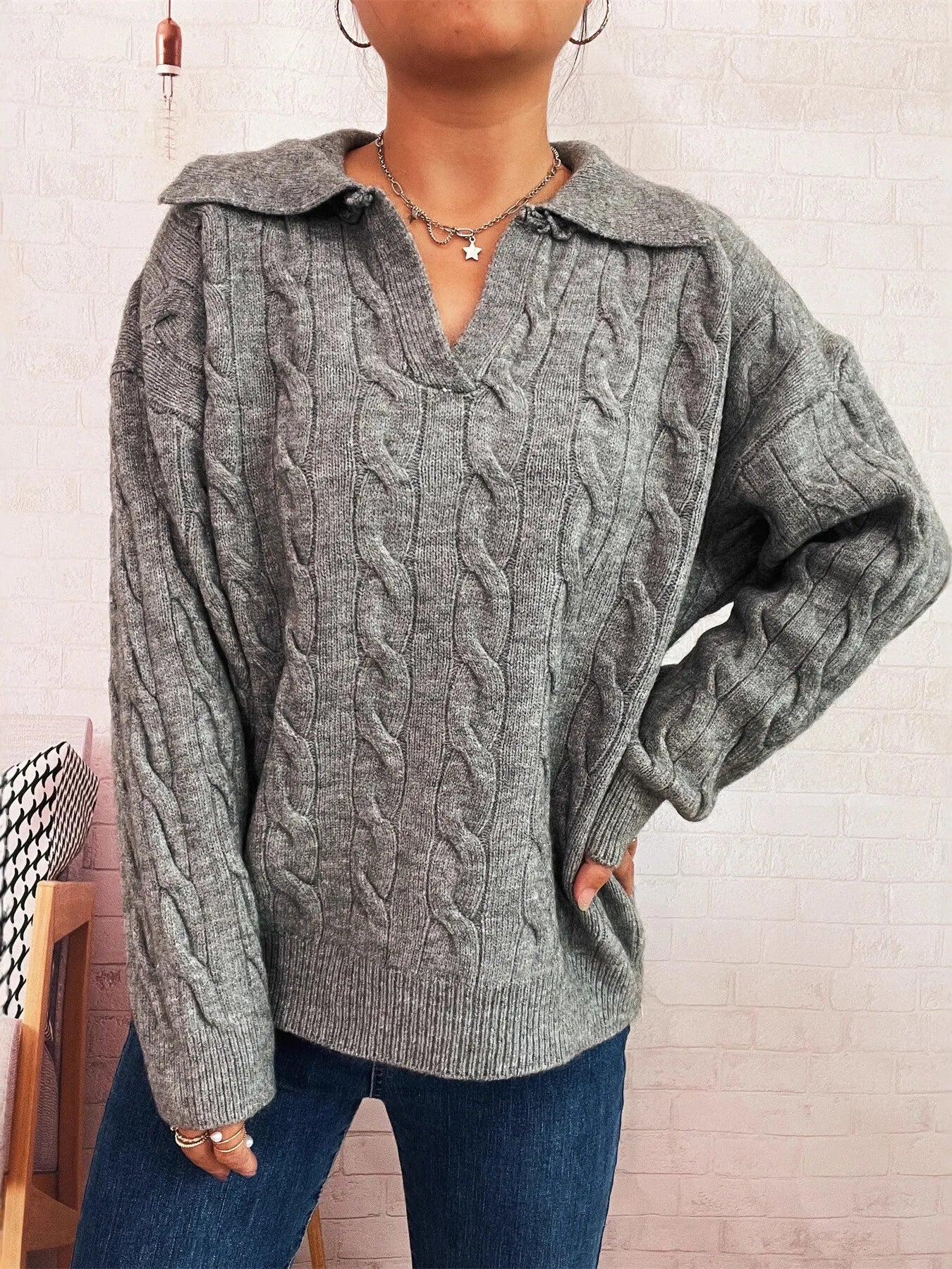 Cable Knit Johnny Collar Sweater