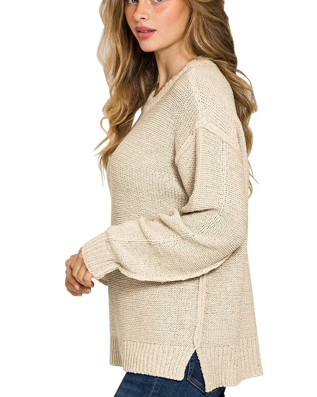 Zenana Exposed Seam Round Neck Sweater