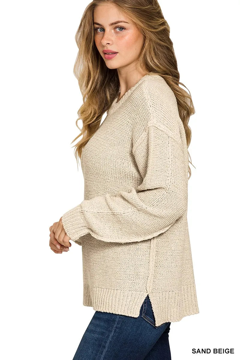 Zenana Exposed Seam Round Neck Sweater