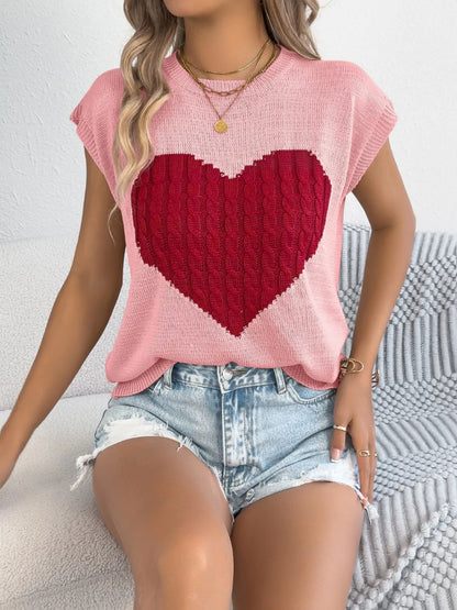 Cable Knit Heart Round Neck Cap Sleeve Knit Top Blush Pink