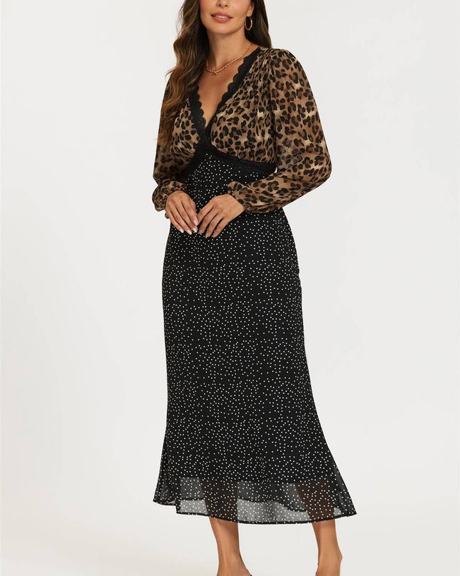 Black Dot & Brown Leopard Print Long Sleeve Maxi Dress