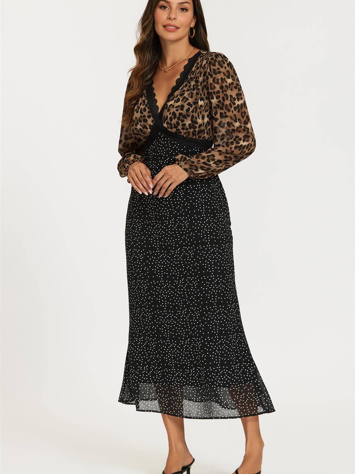 Black Dot & Brown Leopard Print Long Sleeve Maxi Dress