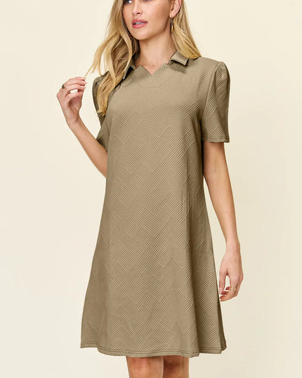 Double Take Full Size Texture Collared Neck Short Sleeve Dress Khaki