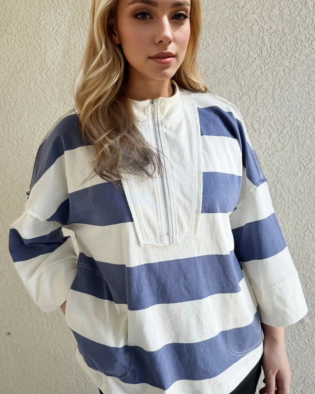 Oh Pima Cotton Wash Striped Half Zip Mock Neck Long Sleeve Top