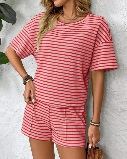 Striped Round Neck Short Sleeve Top and Shorts Set