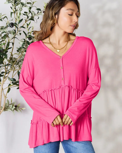 Double Take Half Button Long Sleeve Ruffle Hem Blouse
