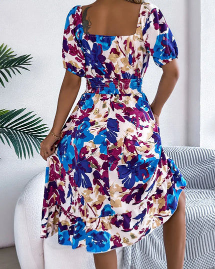 Ruffled Hem Smocked Floral Short Sleeve Midi Dress 
