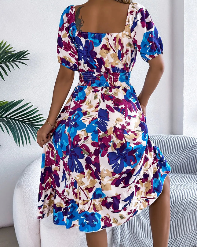 Ruffled Hem Smocked Floral Short Sleeve Midi Dress 
