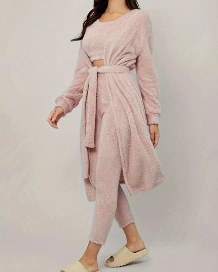 Fuzzy Tank Long Sleeve Cardigan and Pants 3-Piece Lounge Set