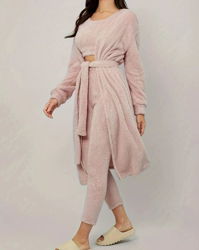 Fuzzy Tank Long Sleeve Cardigan and Pants 3-Piece Lounge Set