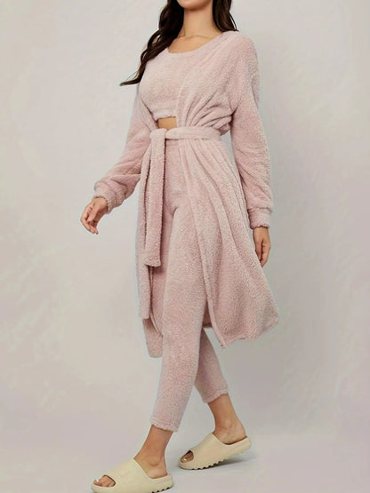 Fuzzy Tank Long Sleeve Cardigan and Pants 3-Piece Lounge Set