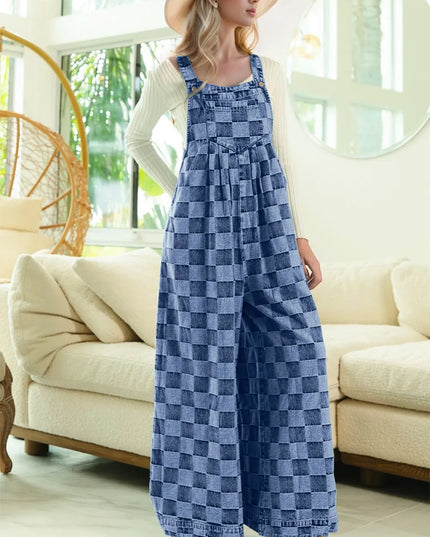 Double Take Checkered Sleeveless Wide Leg Denim Jumpsuit
