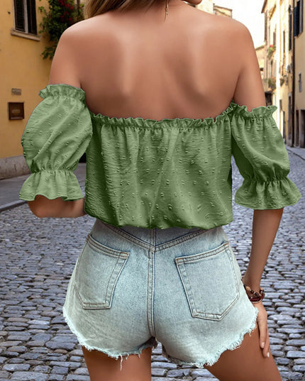 Off-Shoulder Swiss Dot Blouse with Tie Front Detail