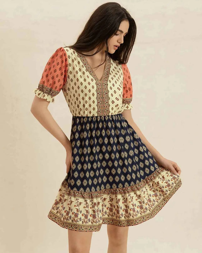 Printed V-Neck Short Sleeve Dress