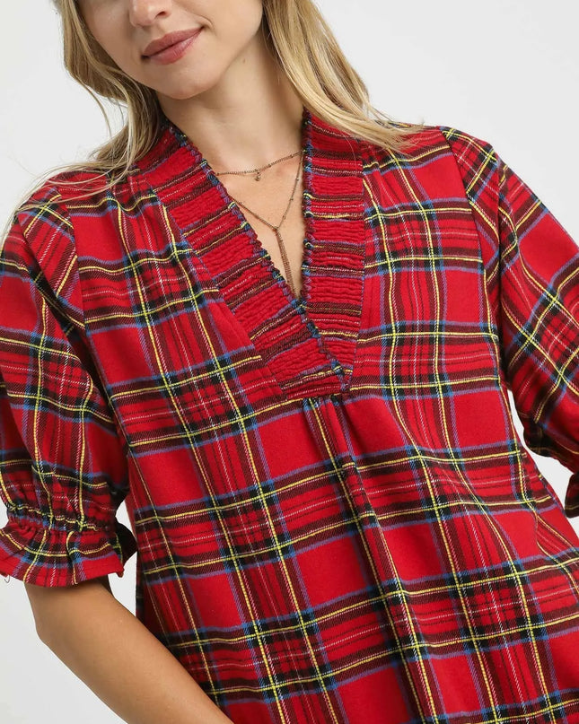 Umgee Plaid Smocked V-Neck Flannel Top