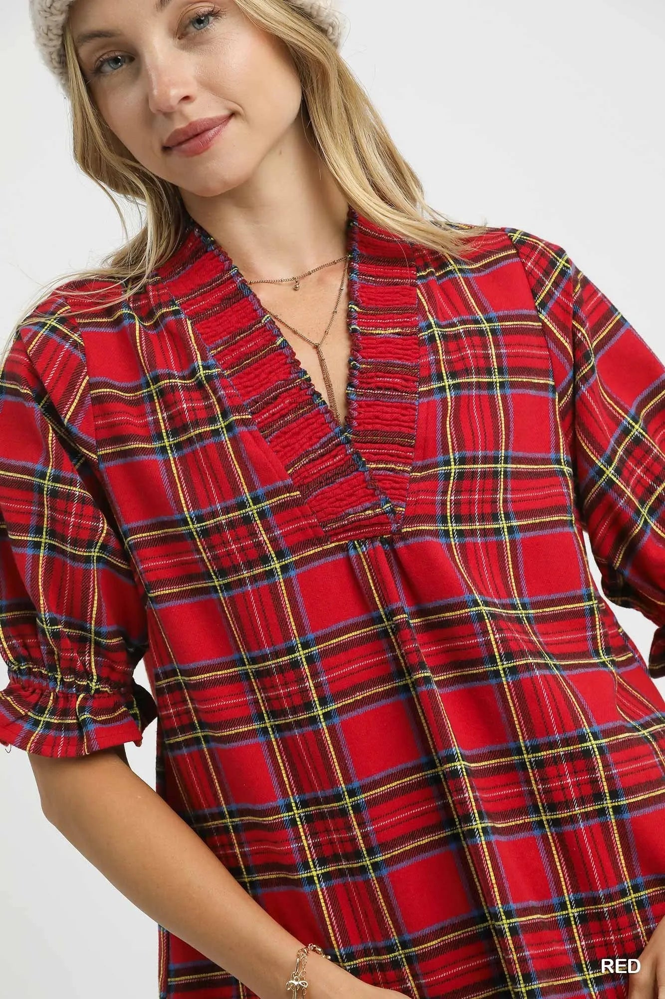 Umgee Plaid Smocked V-Neck Flannel Top