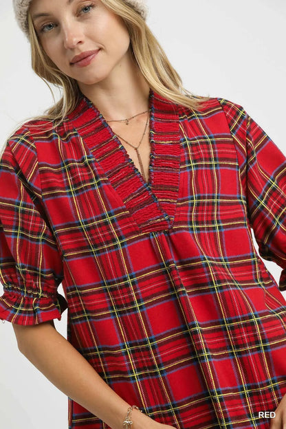 Umgee Plaid Smocked V-Neck Flannel Top