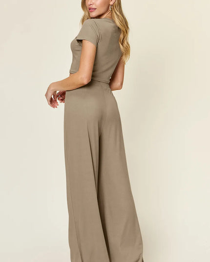 Double Take Full Size Round Neck Top and Pants Set