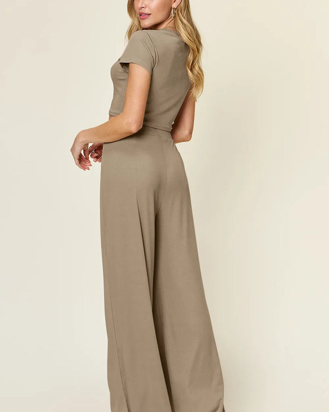 Double Take Full Size Round Neck Top and Pants Set
