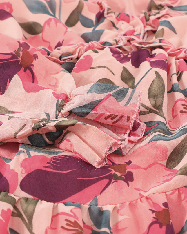 Floral Frill Trim Flounce Sleeve Plunge Maxi Dress