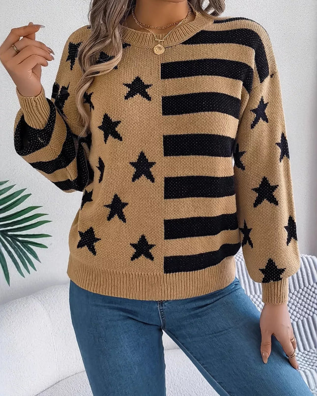 Stars and Stripes Pattern Casual Round Neck Sweater