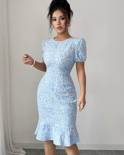 Rose Jacquard Bodycon Dress with Puff Sleeves