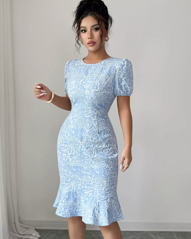 Rose Jacquard Bodycon Dress with Puff Sleeves