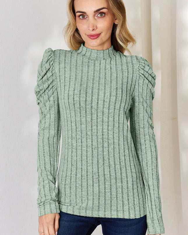 Basic Bae Full Size Ribbed Mock Neck Puff Sleeve T-Shirt Light Green
