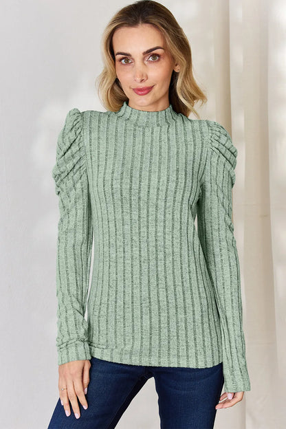 Basic Bae Full Size Ribbed Mock Neck Puff Sleeve T-Shirt Light Green