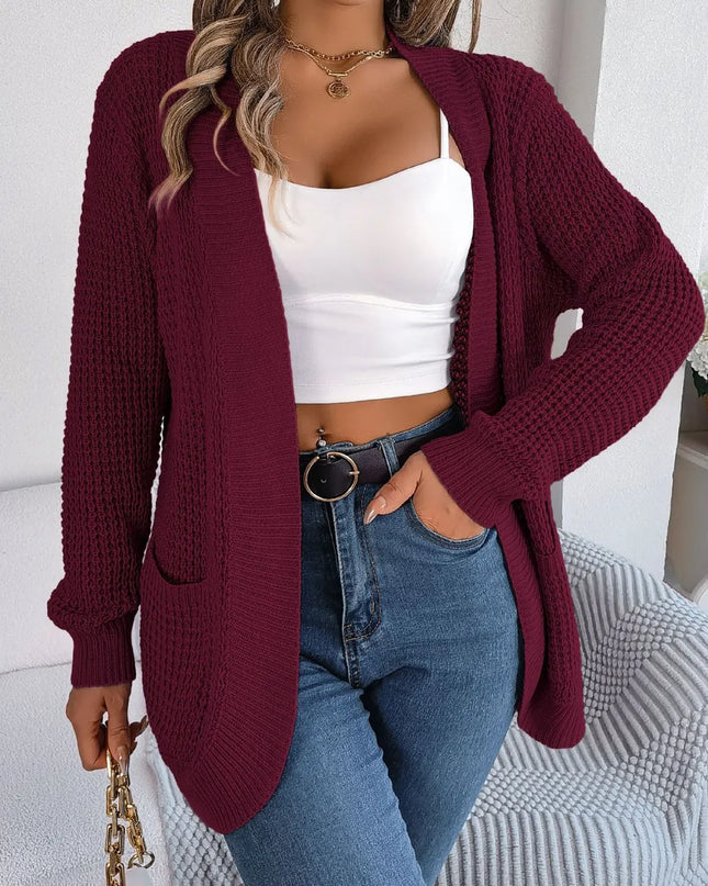 Open Front Long Sleeve Cardigan with Pockets Wine