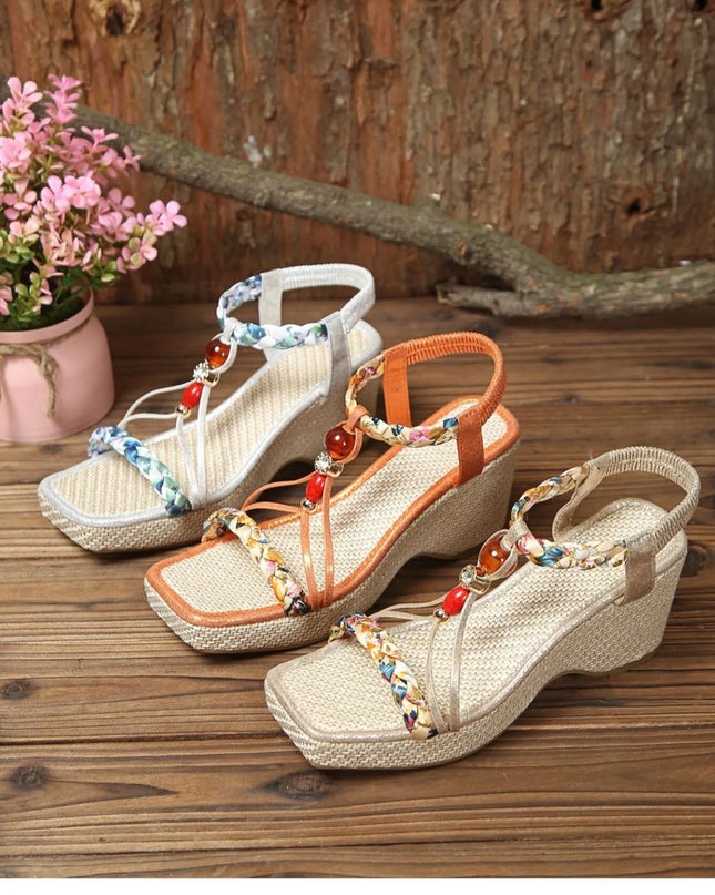 Bohemian Floral Beaded Wedge Sandals 